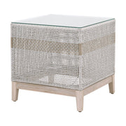 Essentials For Living Tapestry Outdoor End Table ~ Taupe & White Flat Rope, Taupe Stripe, Gray Teak, Clear Glass
