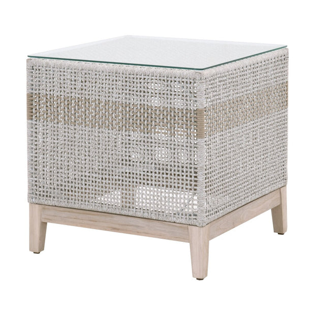 Essentials For Living Tapestry Outdoor End Table ~ Taupe & White Flat Rope, Taupe Stripe, Gray Teak, Clear Glass