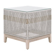 Essentials For Living Tapestry Outdoor End Table ~ Taupe & White Flat Rope, Taupe Stripe, Gray Teak, Clear Glass