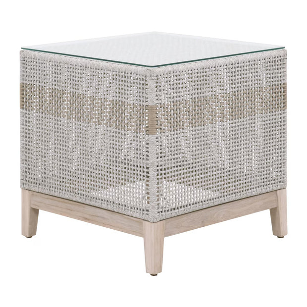 Essentials For Living Tapestry Outdoor End Table ~ Taupe & White Flat Rope, Taupe Stripe, Gray Teak, Clear Glass