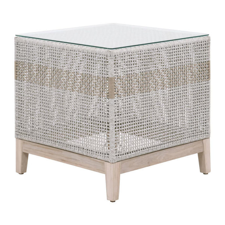 Essentials For Living Tapestry Outdoor End Table ~ Taupe & White Flat Rope, Taupe Stripe, Gray Teak, Clear Glass