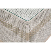 Essentials For Living Tapestry Outdoor End Table ~ Taupe & White Flat Rope, Taupe Stripe, Gray Teak, Clear Glass