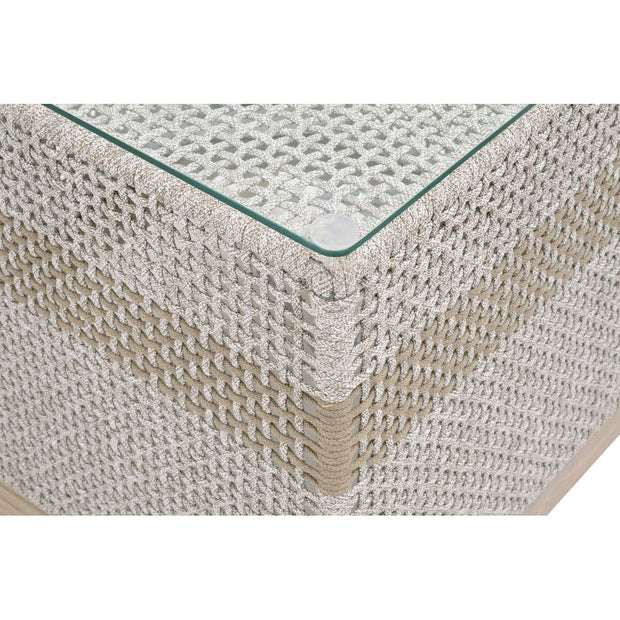 Essentials For Living Tapestry Outdoor End Table ~ Taupe & White Flat Rope, Taupe Stripe, Gray Teak, Clear Glass
