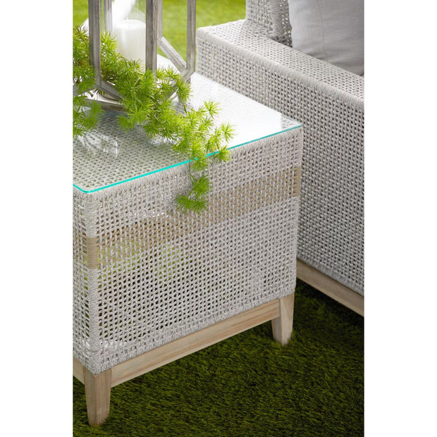 Essentials For Living Tapestry Outdoor End Table ~ Taupe & White Flat Rope, Taupe Stripe, Gray Teak, Clear Glass