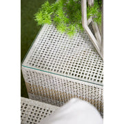 Essentials For Living Tapestry Outdoor End Table ~ Taupe & White Flat Rope, Taupe Stripe, Gray Teak, Clear Glass