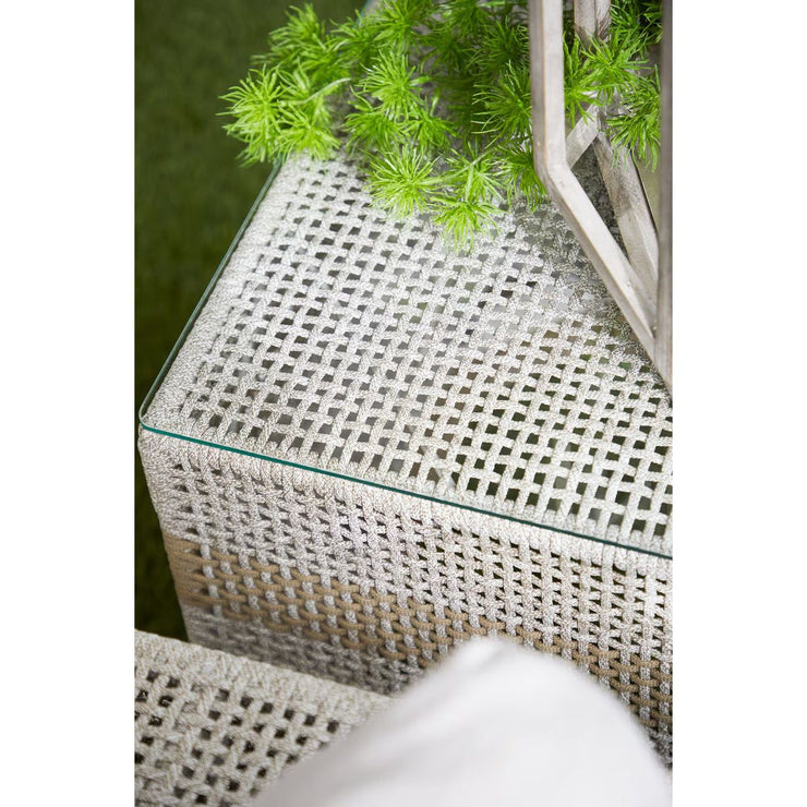 Essentials For Living Tapestry Outdoor End Table ~ Taupe & White Flat Rope, Taupe Stripe, Gray Teak, Clear Glass