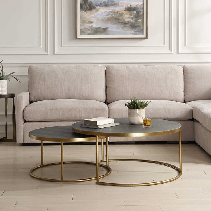Uttermost Aragon Gray Shagreen Top with Brass Base Set of 2 Modern Round Nesting Coffee Tables