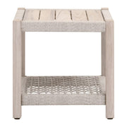 Essentials For Living Wrap Outdoor End Table ~ Taupe & White Flat Rope, Gray Teak