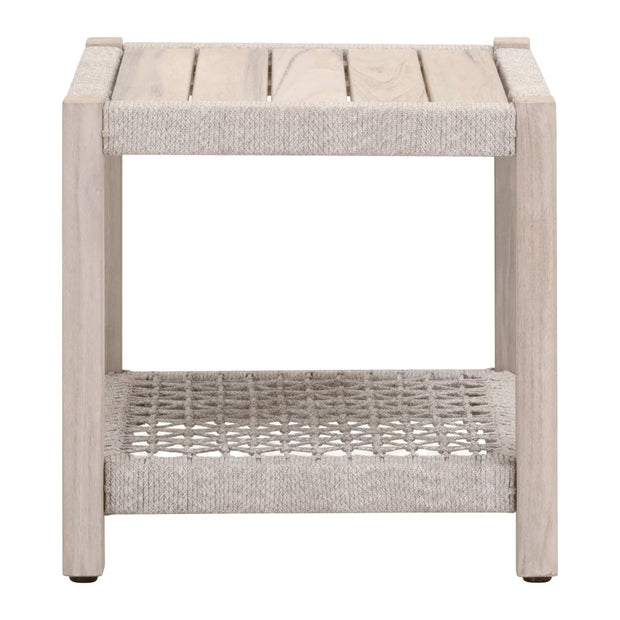 Essentials For Living Wrap Outdoor End Table ~ Taupe & White Flat Rope, Gray Teak