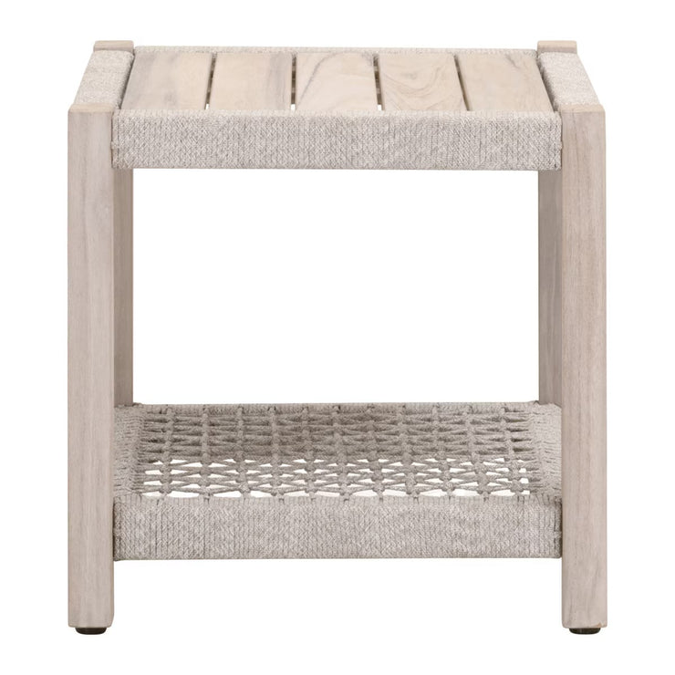 Essentials For Living Wrap Outdoor End Table ~ Taupe & White Flat Rope, Gray Teak