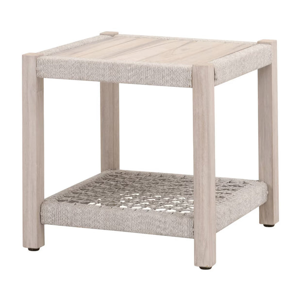 Essentials For Living Wrap Outdoor End Table ~ Taupe & White Flat Rope, Gray Teak
