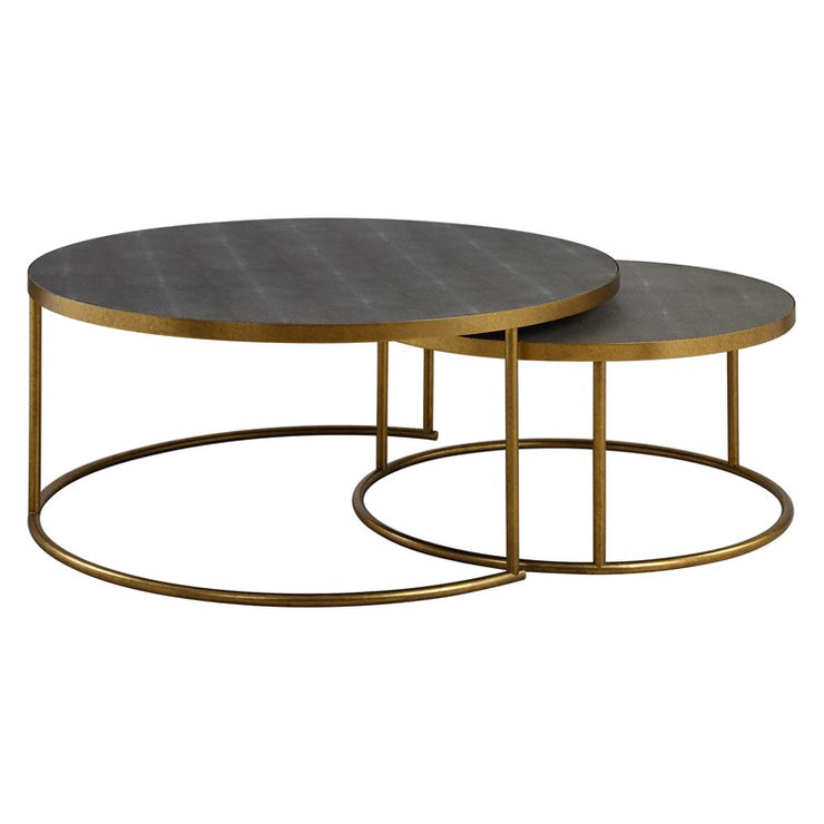 Uttermost Aragon Gray Shagreen Top with Brass Base Set of 2 Modern Round Nesting Coffee Tables