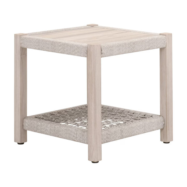 Essentials For Living Wrap Outdoor End Table ~ Taupe & White Flat Rope, Gray Teak