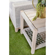 Essentials For Living Wrap Outdoor End Table ~ Taupe & White Flat Rope, Gray Teak