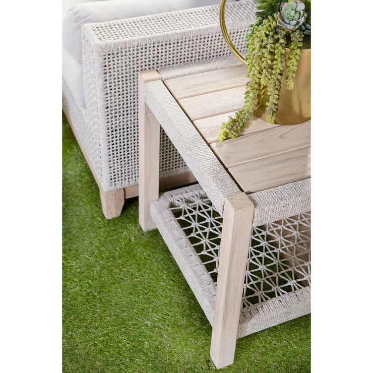 Essentials For Living Wrap Outdoor End Table ~ Taupe & White Flat Rope, Gray Teak