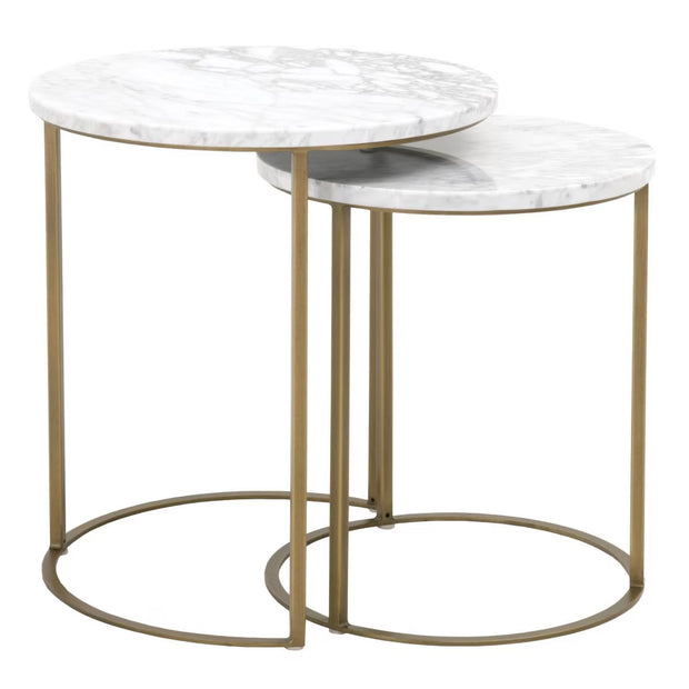 Essentials For Living Carrera Round Nesting Accent Table~ White Carrera Marble, Brushed Gold