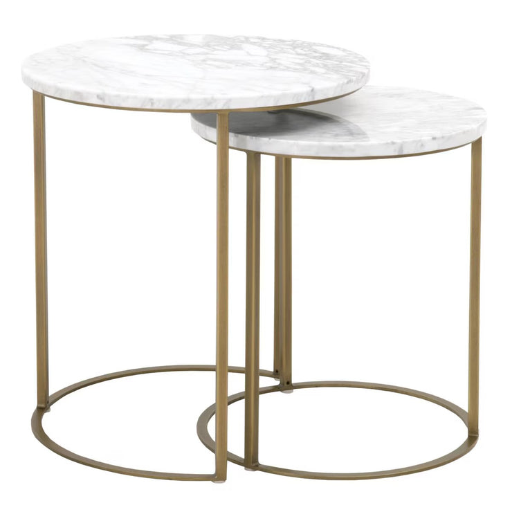 Essentials For Living Carrera Round Nesting Accent Table~ White Carrera Marble, Brushed Gold