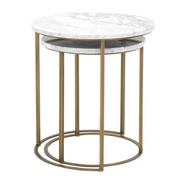 Essentials For Living Carrera Round Nesting Accent Table~ White Carrera Marble, Brushed Gold
