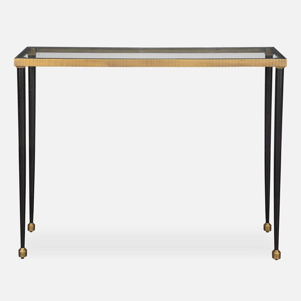 Uttermost Stiletto Glass Top With Antiqued Gold and Black Base Console Table