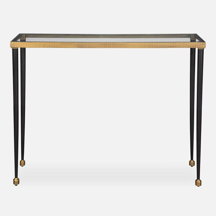 Uttermost Stiletto Glass Top With Antiqued Gold and Black Base Console Table