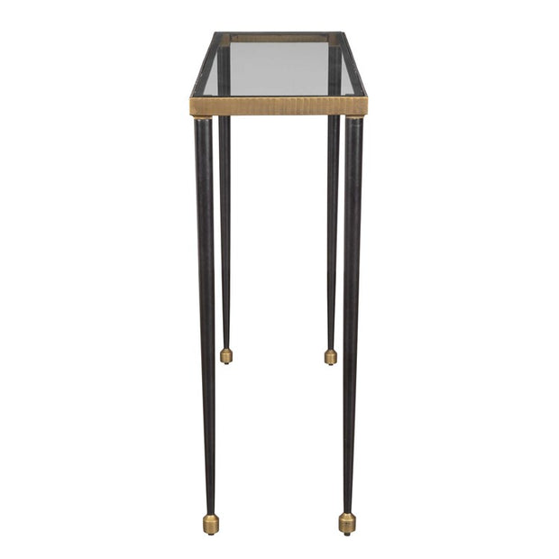 Uttermost Stiletto Glass Top With Antiqued Gold and Black Base Console Table