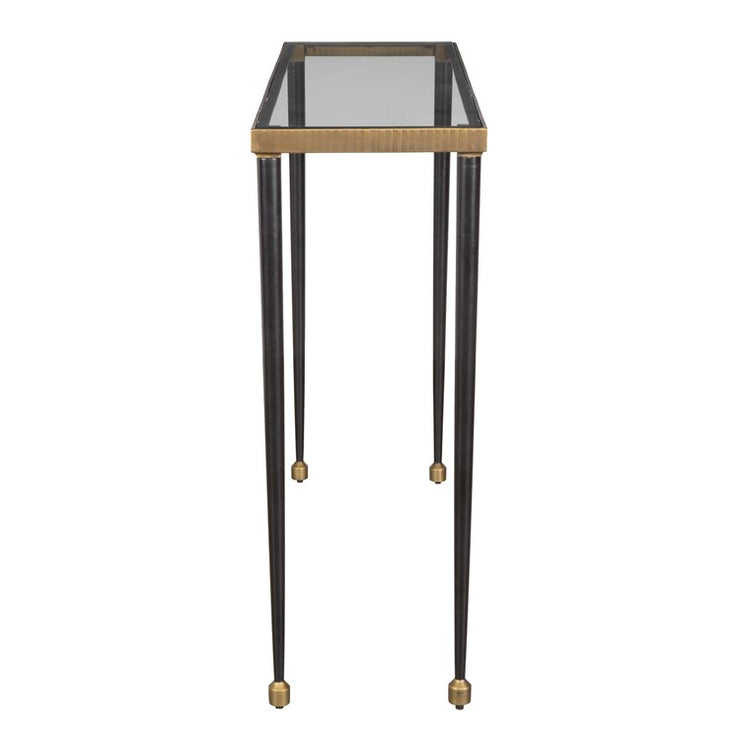 Uttermost Stiletto Glass Top With Antiqued Gold and Black Base Console Table