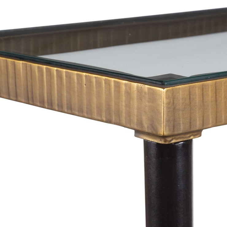 Uttermost Stiletto Glass Top With Antiqued Gold and Black Base Console Table
