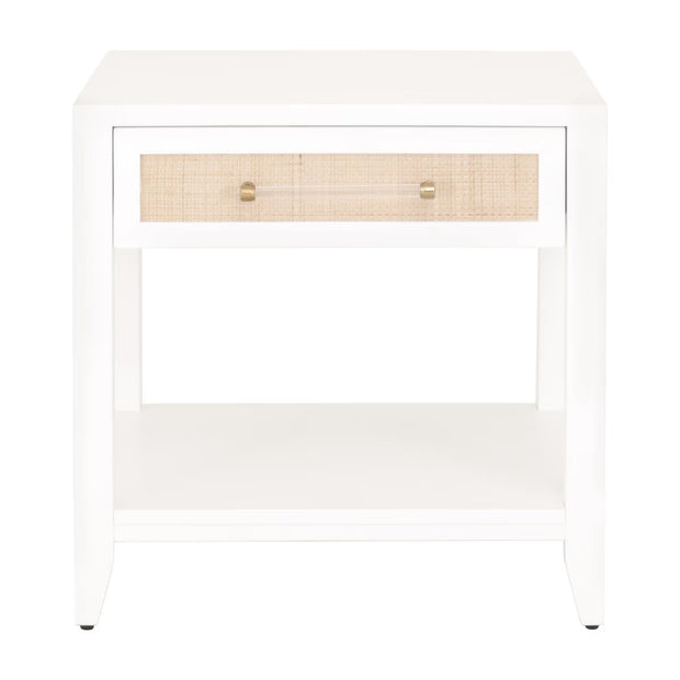 Essentials For Living Holland  1-Drawer Side Table~ Matte White, Natural Rattan
