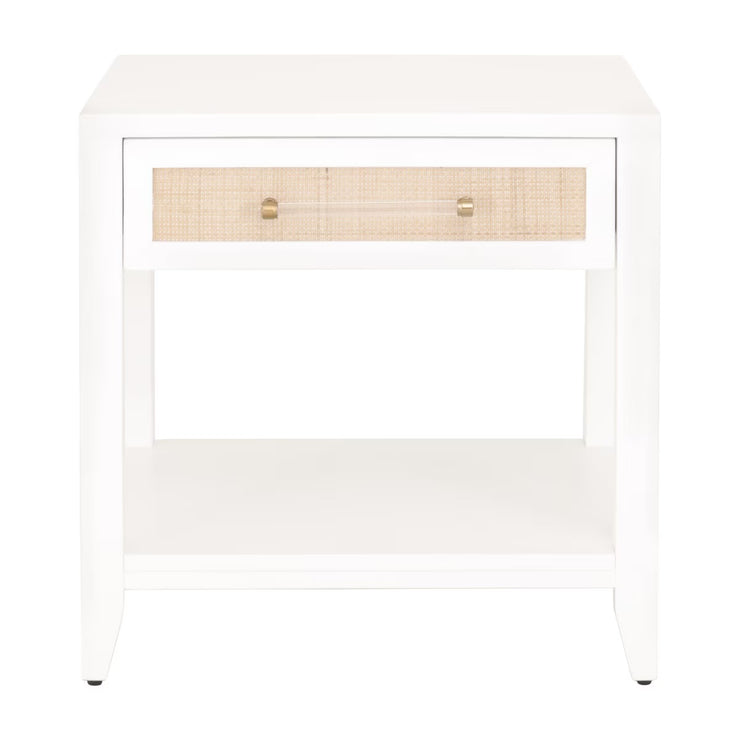 Essentials For Living Holland  1-Drawer Side Table~ Matte White, Natural Rattan