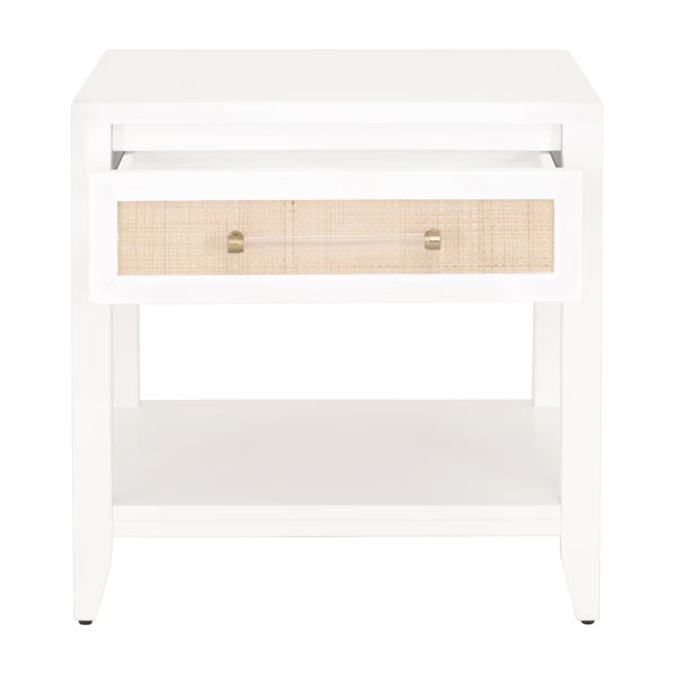 Essentials For Living Holland  1-Drawer Side Table~ Matte White, Natural Rattan