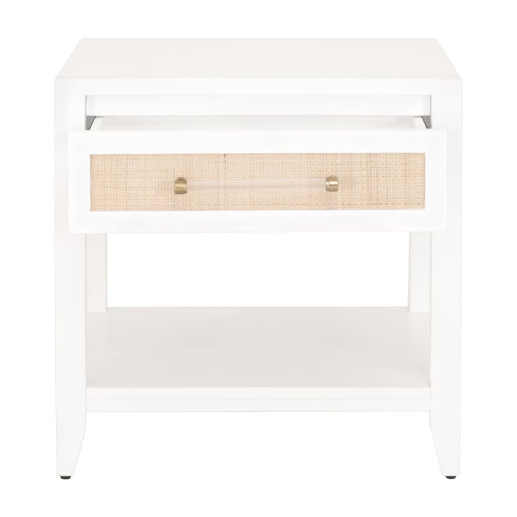 Essentials For Living Holland  1-Drawer Side Table~ Matte White, Natural Rattan