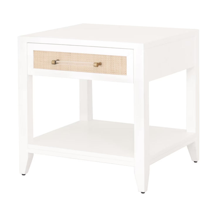 Essentials For Living Holland  1-Drawer Side Table~ Matte White, Natural Rattan