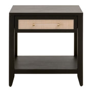 Essentials For Living Holland  1-Drawer Side Table~ Brushed Black Acacia, Natural Rattan