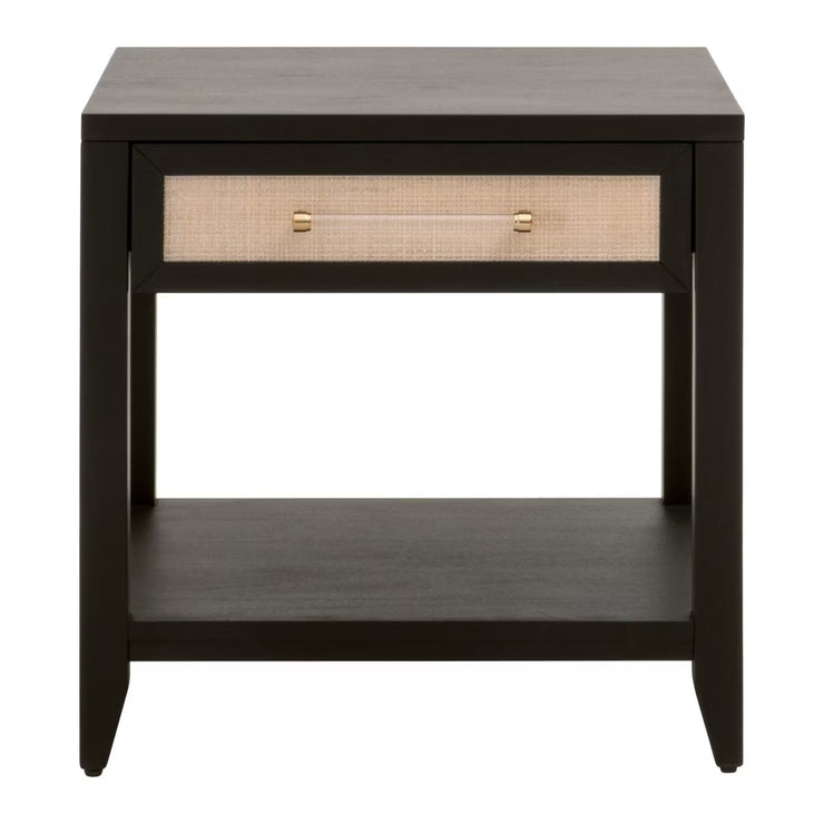 Essentials For Living Holland  1-Drawer Side Table~ Brushed Black Acacia, Natural Rattan