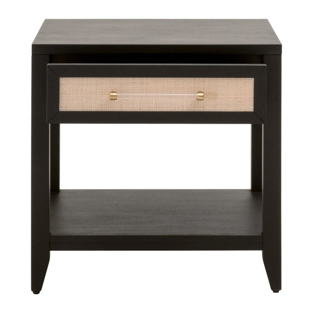 Essentials For Living Holland  1-Drawer Side Table~ Brushed Black Acacia, Natural Rattan