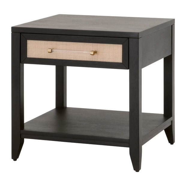 Essentials For Living Holland  1-Drawer Side Table~ Brushed Black Acacia, Natural Rattan