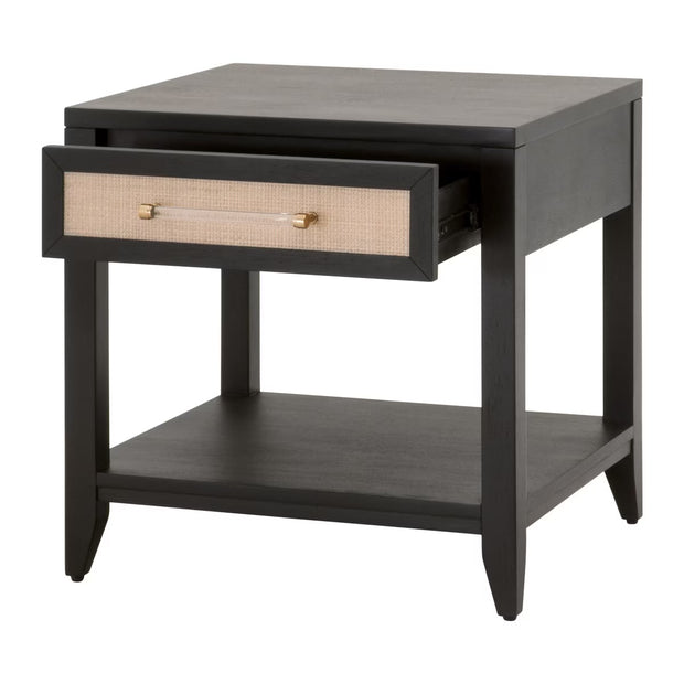 Essentials For Living Holland  1-Drawer Side Table~ Brushed Black Acacia, Natural Rattan