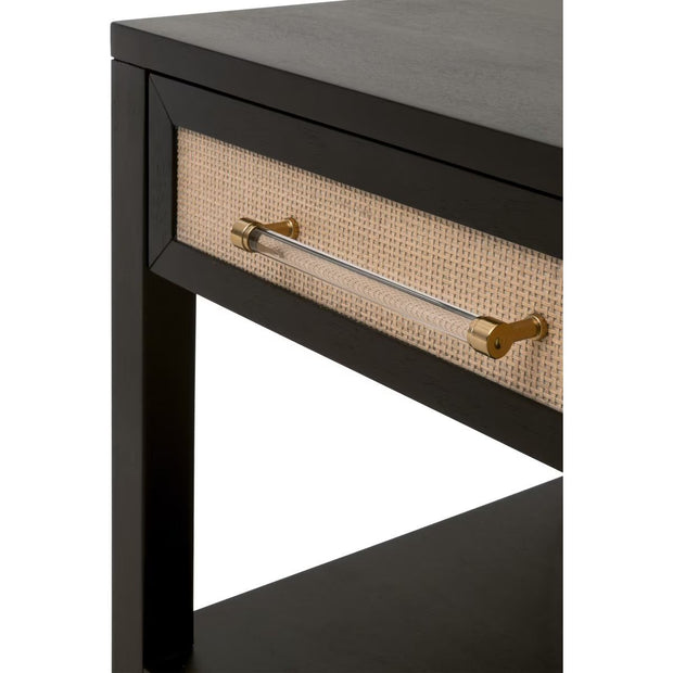 Essentials For Living Holland  1-Drawer Side Table~ Brushed Black Acacia, Natural Rattan