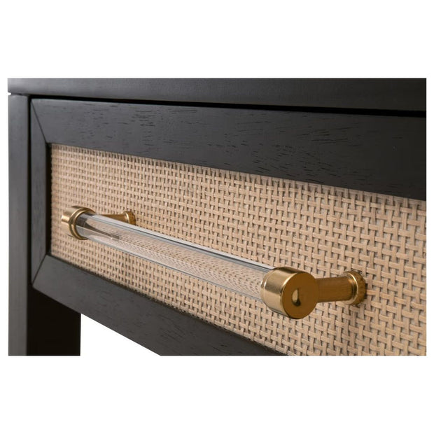 Essentials For Living Holland  1-Drawer Side Table~ Brushed Black Acacia, Natural Rattan