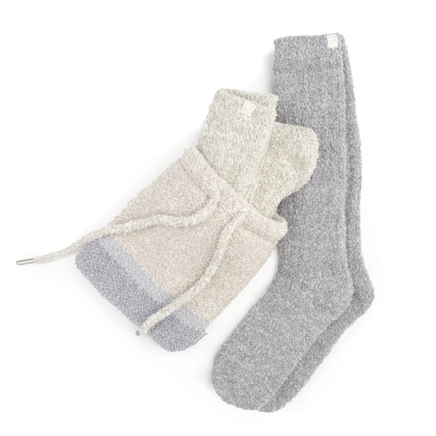 Kashwere Montecito Socks Set of 2 Fog and Oyster With Drawstring Pouch Kash Lounge