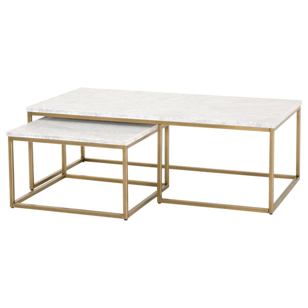 Essentials For Living Carrera Nesting Coffee Table ~ White Carrera Marble, Brushed Gold