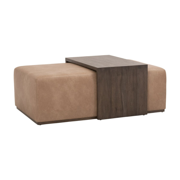 Essentials For Living Dovetail Upholstered Coffee Table ~ Ivanhoe Toast, Burnished Brown Acacia
