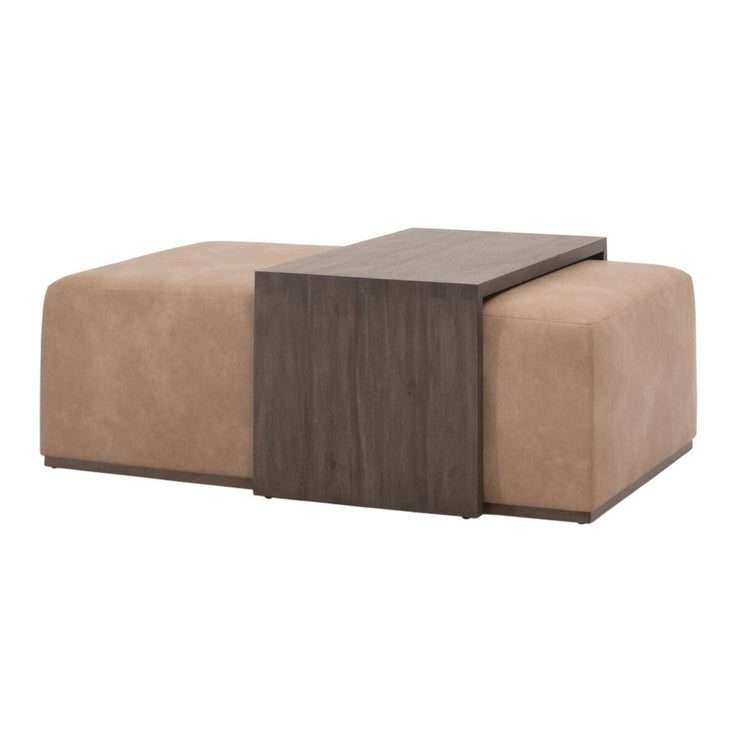 Essentials For Living Dovetail Upholstered Coffee Table ~ Ivanhoe Toast, Burnished Brown Acacia