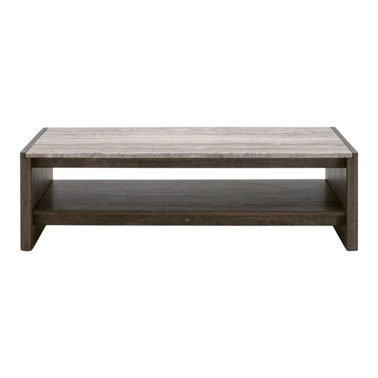 Essentials For Living Linnea Coffee Table ~ Burnished Brown Acacia, Gray Travertine