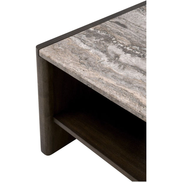 Essentials For Living Linnea Coffee Table ~ Burnished Brown Acacia, Gray Travertine