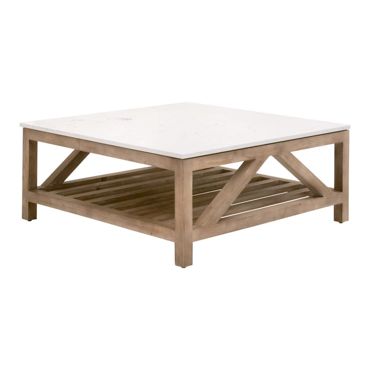 Essentials For Living Spruce Square Coffee Table ~ Smoke Gray Pine, White Quartz