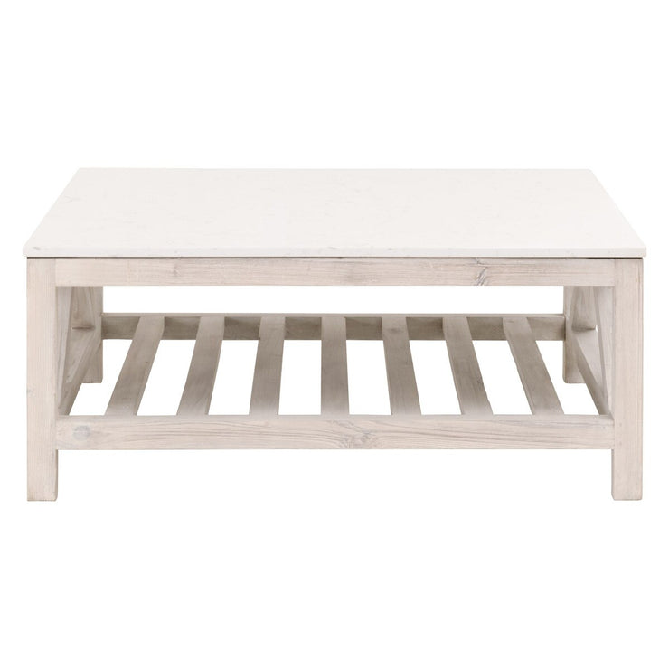 Essentials For Living Spruce Square Coffee Table ~ White Wash Pine, White Quartz
