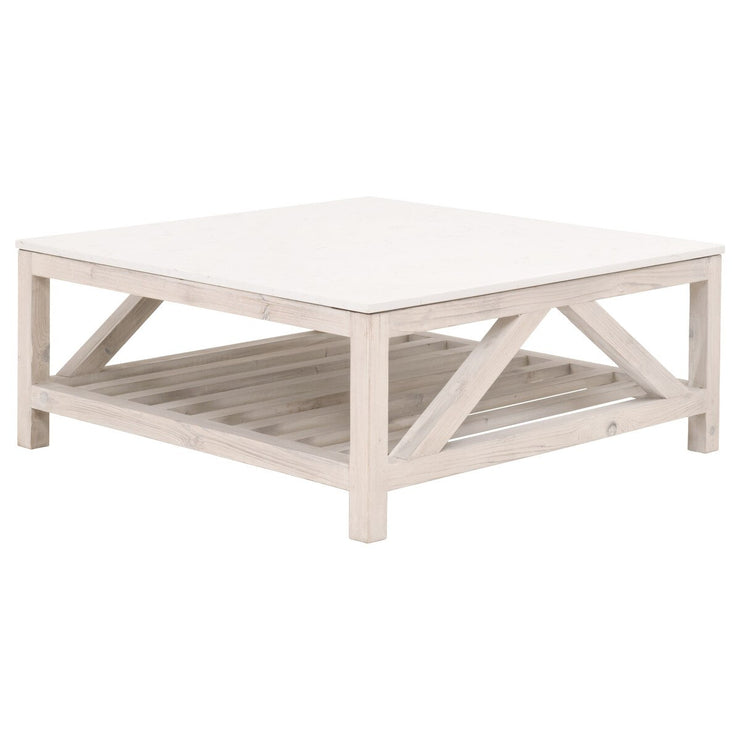 Essentials For Living Spruce Square Coffee Table ~ White Wash Pine, White Quartz