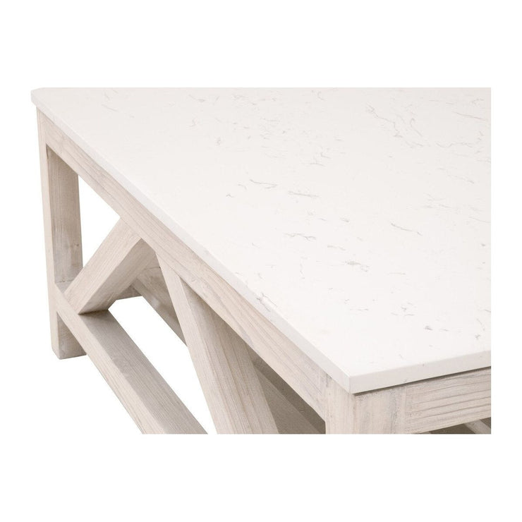 Essentials For Living Spruce Square Coffee Table ~ White Wash Pine, White Quartz