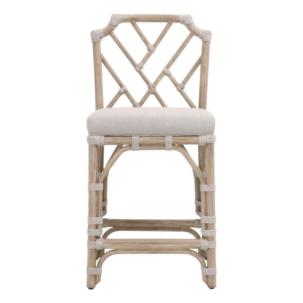 Essentials For Living Bayview Counter Stool ~ Taupe & White Flat Rope, Performance Pumice Fabric With Natural Gray Mahogany Frame
